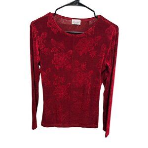 Jonden Red Embossed Rose Velvet Crew Neck Long Sleeve Top Sz M Goth Romanticore